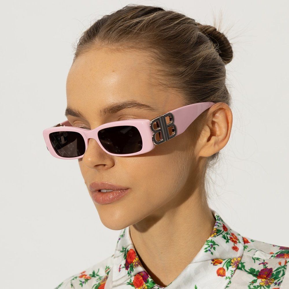 NEW Balenciaga BB0096S 012 Pink Silver Logo Grey Rectangle Unisex Sunglasses - Picture 2 of 13